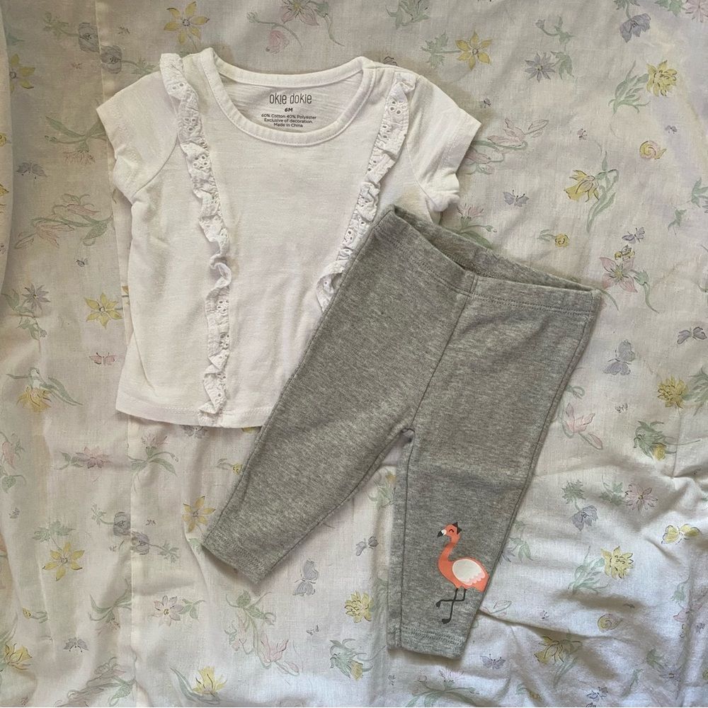 6 Month Carters Flamingo Leggings with White Ruffled Shirt Outfit Bundle - Picture 2 of 8